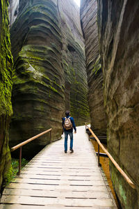 Rear view of man photographing on footbridge