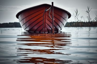 Close-up of boat in lake against sky