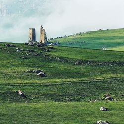 View of grassy field against cloudy sky