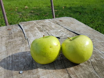 High angle view of fruits on wood