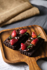 High angle view of strawberries on table