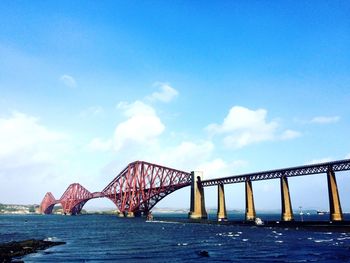 Forth bridge over river against sky