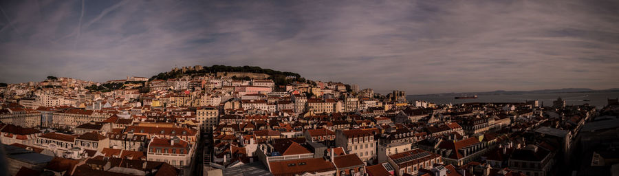 High angle shot of townscape against sky at sunset