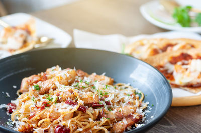 Close-up of food served on table