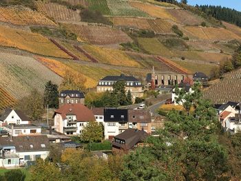High angle view of houses in town