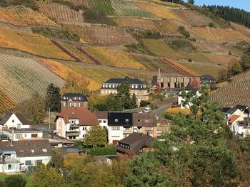 High angle view of houses in town