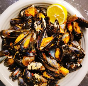 High angle view of shells in plate