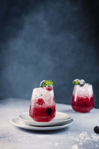 Close-up of strawberry cake on table