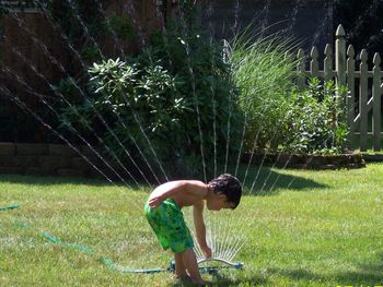 Shirtless boy touching sprinkler on lawn at back yard during summer