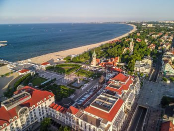 High angle view of buildings by sea against sky, aerial view of hotel in sopot, poland,