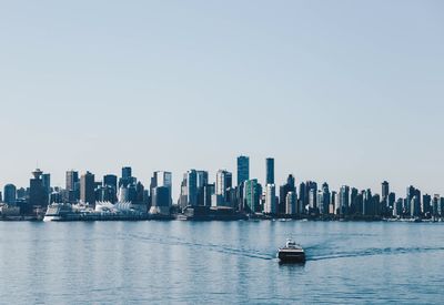 Scenic view of sea and cityscape against clear sky