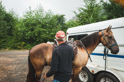 Rear view of man riding horse