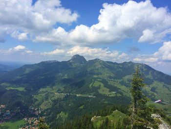 Scenic view of mountains against cloudy sky