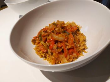 High angle view of meal served in bowl