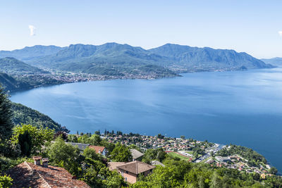 Scenic view of sea and mountains against sky