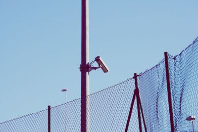 Low angle view of barbed wire against clear sky
