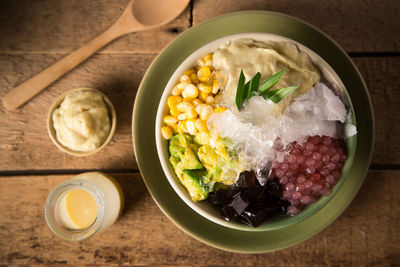 High angle view of food in bowl on table