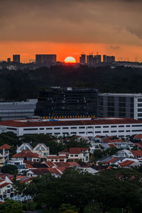 High angle view of buildings against sky at sunset