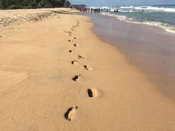 High angle view of footprints on beach