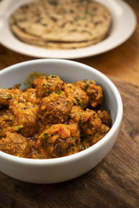 High angle view of food in plate on table