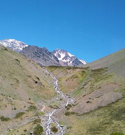 Scenic view of snowcapped mountains against clear blue sky