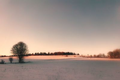 Scenic view of snow field against clear sky during winter