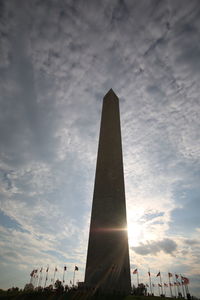 Low angle view of skyscraper against cloudy sky