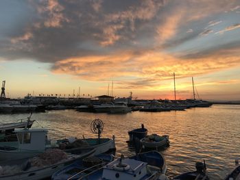 Sailboats moored in marina at sunset