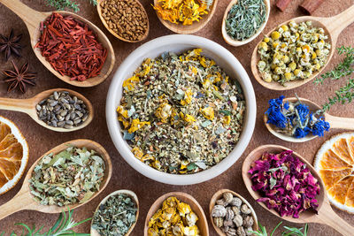 Directly above shot of dry herbs with seeds on table