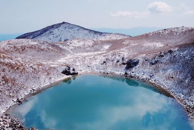 Scenic view of lake against cloudy sky