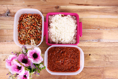 High angle view of breakfast on table