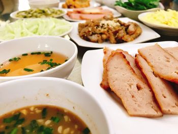 High angle view of meal served on table