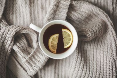 High angle view of tea cup on table