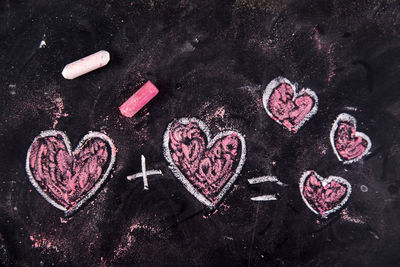 Close-up of heart shape chalk drawing on blackboard