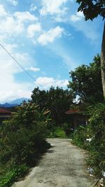 Footpath amidst trees and buildings against sky