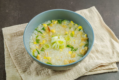 High angle view of rice in bowl on table