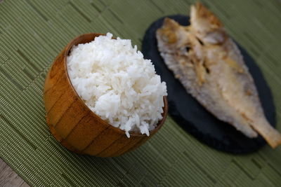 High angle view of food served on table