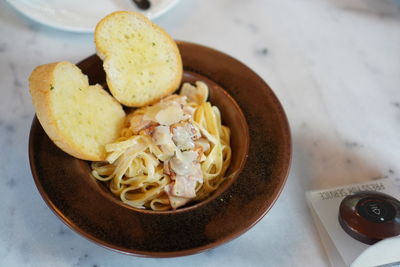 High angle view of food in plate on table
