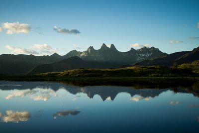 Scenic view of lake and mountains against sky