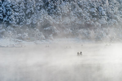 Scenic view of lake kawaguchi during sunrise in winter