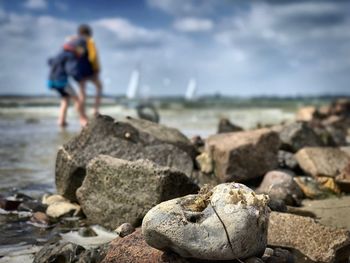 Rocks on shore at beach against sky