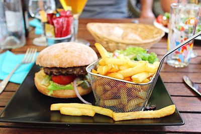 Close-up of burger in plate on table at restaurant