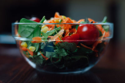 Close-up of salad served on table