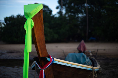 Close-up of multi colored umbrella against trees