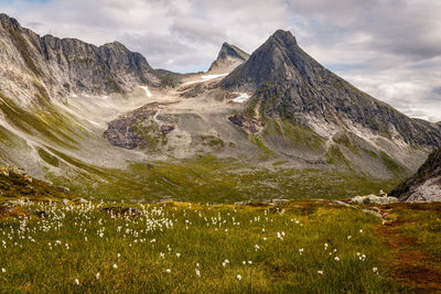 Scenic view of landscape and mountains against sky