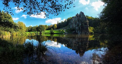 Scenic view of lake by trees against sky