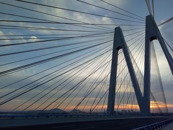 Low angle view of suspension bridge against sky