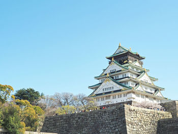 Low angle view of traditional building against clear blue sky