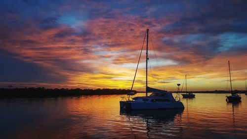 Sailboats moored in marina at sunset