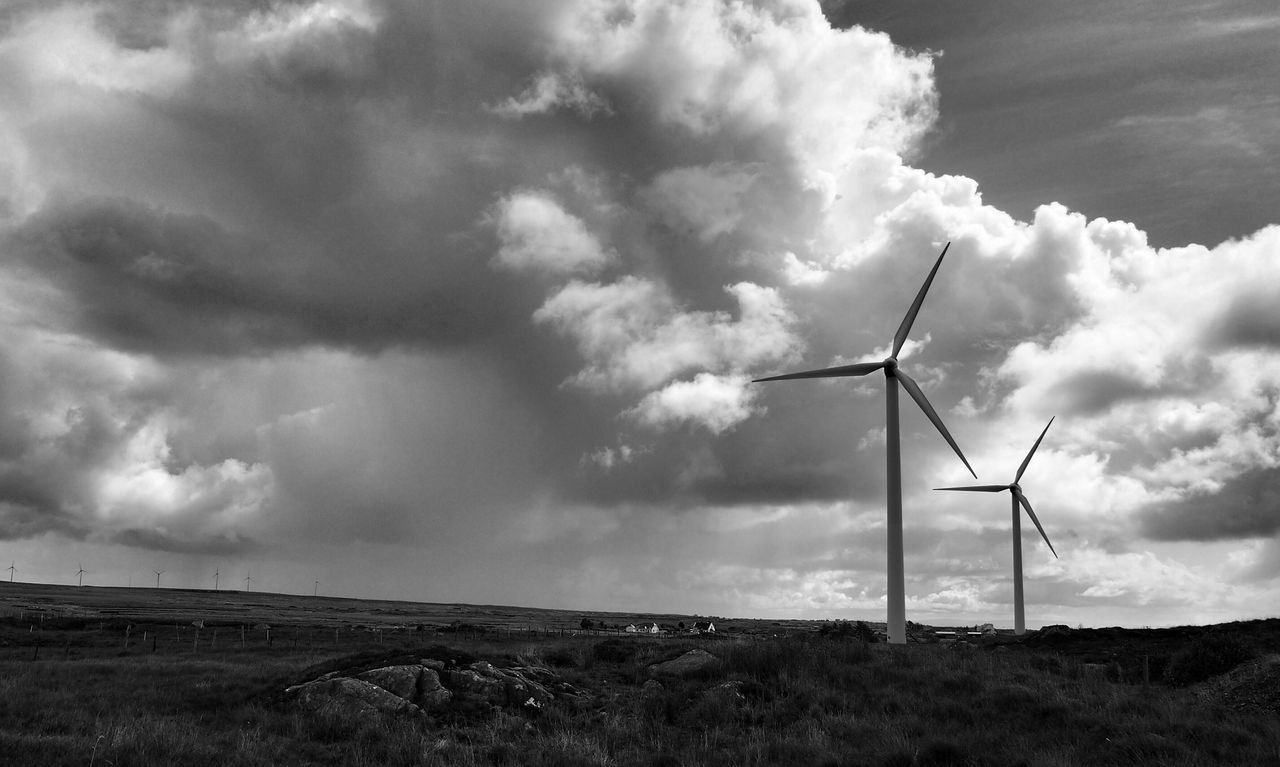 wind turbine, wind power, alternative energy, sky, windmill, renewable energy, environmental conservation, field, fuel and power generation, landscape, cloud - sky, cloudy, rural scene, tranquil scene, tranquility, cloud, grass, nature, technology, scenics